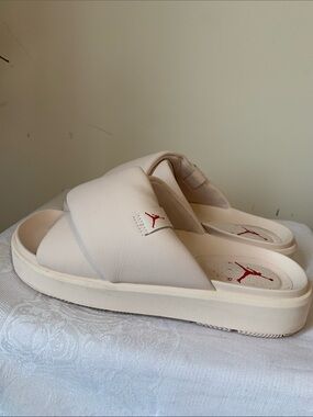 Jordan Women's Pale Pink Crossover Slide Sandals with Red Logo